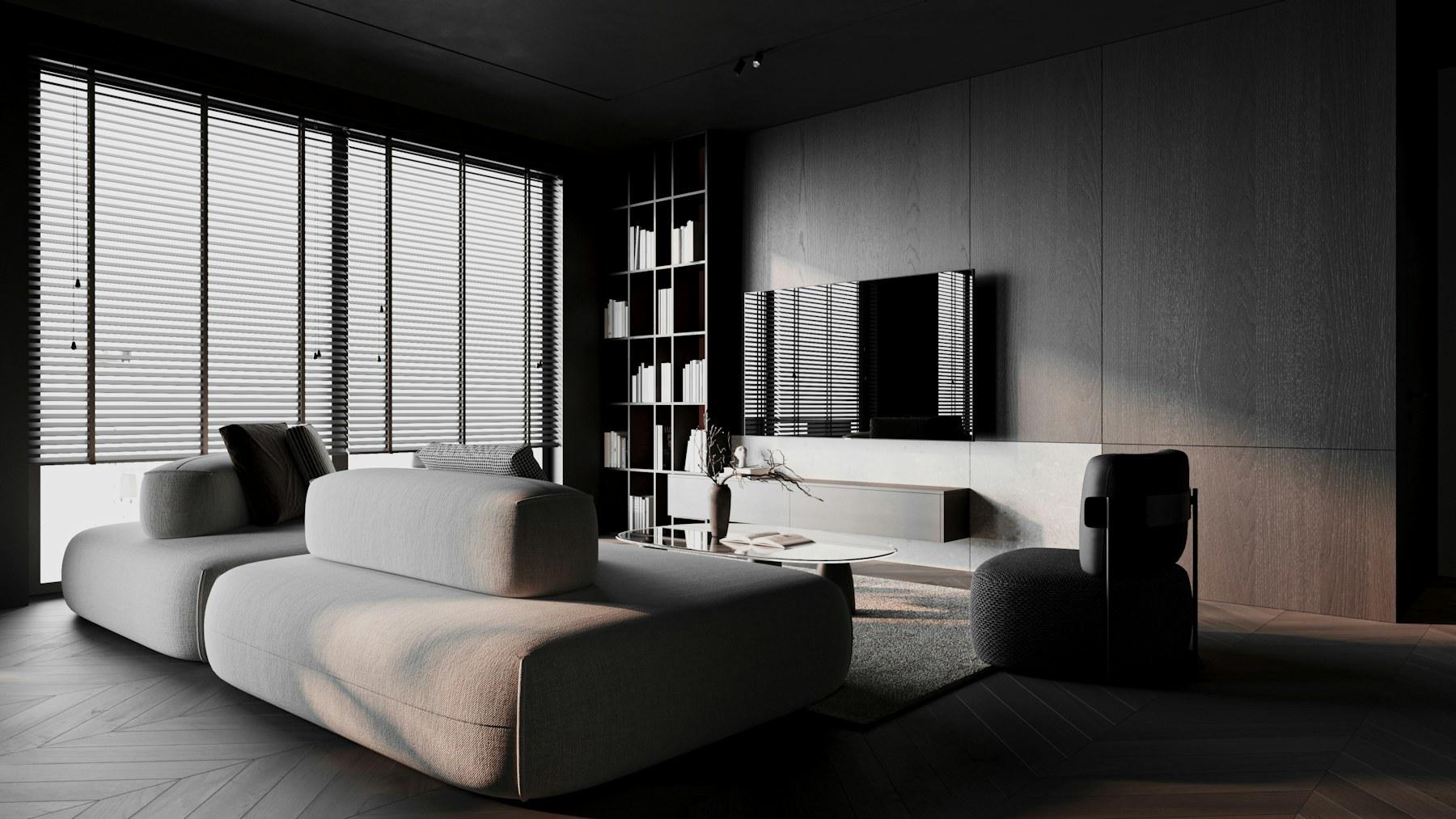 Tmavá obývacia zóna penthousu s výhľadom na mesto